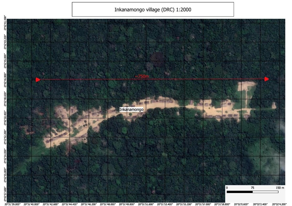 Satellite image of a village with the word Ikanamongo in the centre and a horizontal arrow across the image labelled 750m
