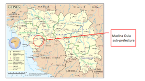 A map of West Africa with a circle around the district of Madina Oula sub-prefecture in Guinea